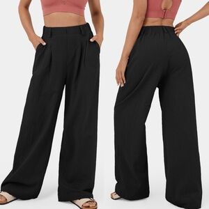 NWT Halara Black Wide Leg Pull On Pants Sz Large Regular Elastic Waist Pockets